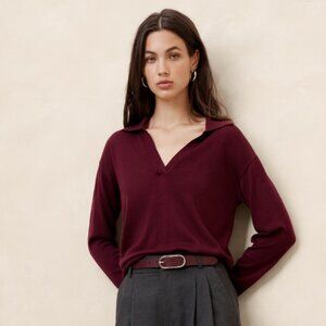 Burgundy Maroon Merino Wool Johnny-Collar Sweater